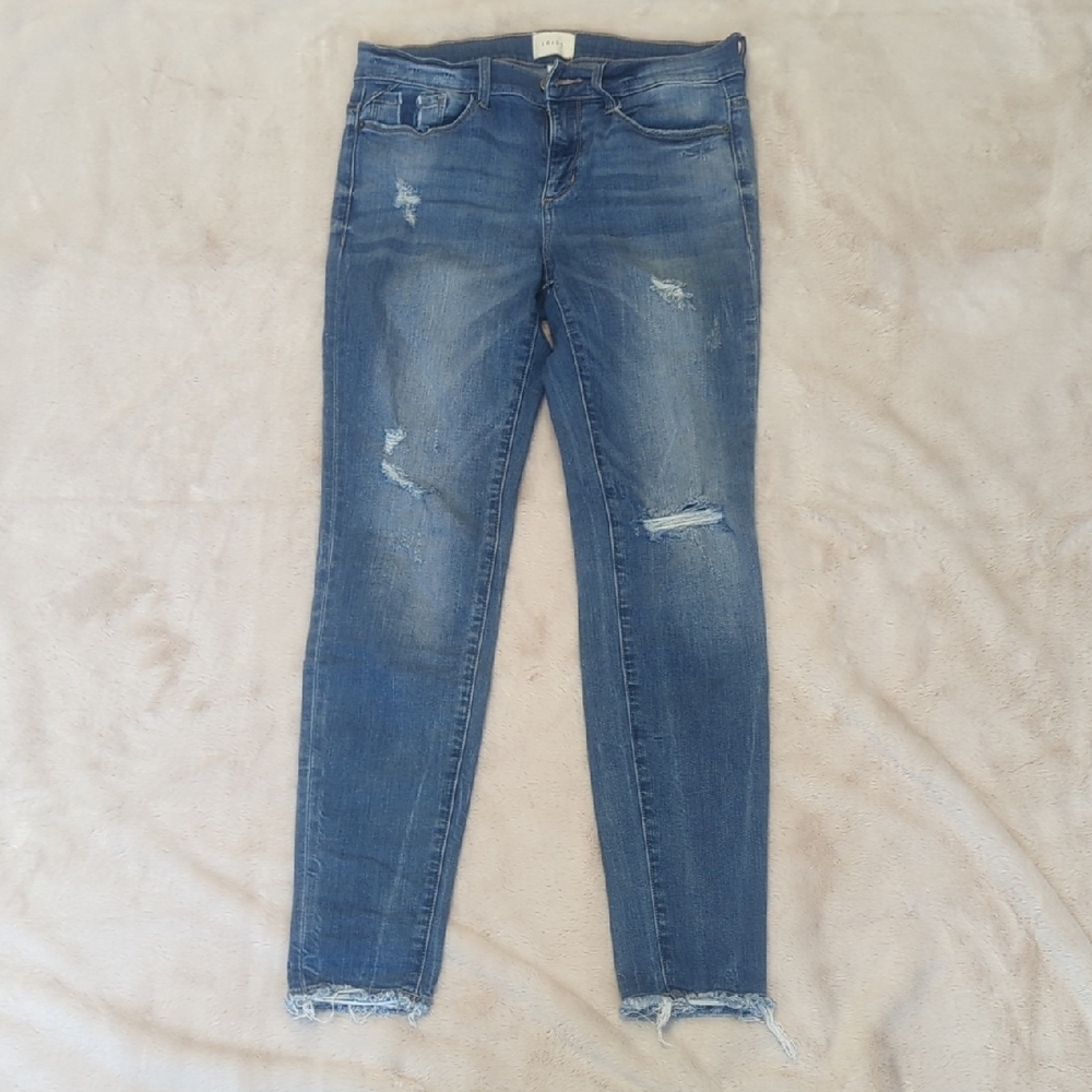 Blue Skinny Distressed Jeans with Raw Hem